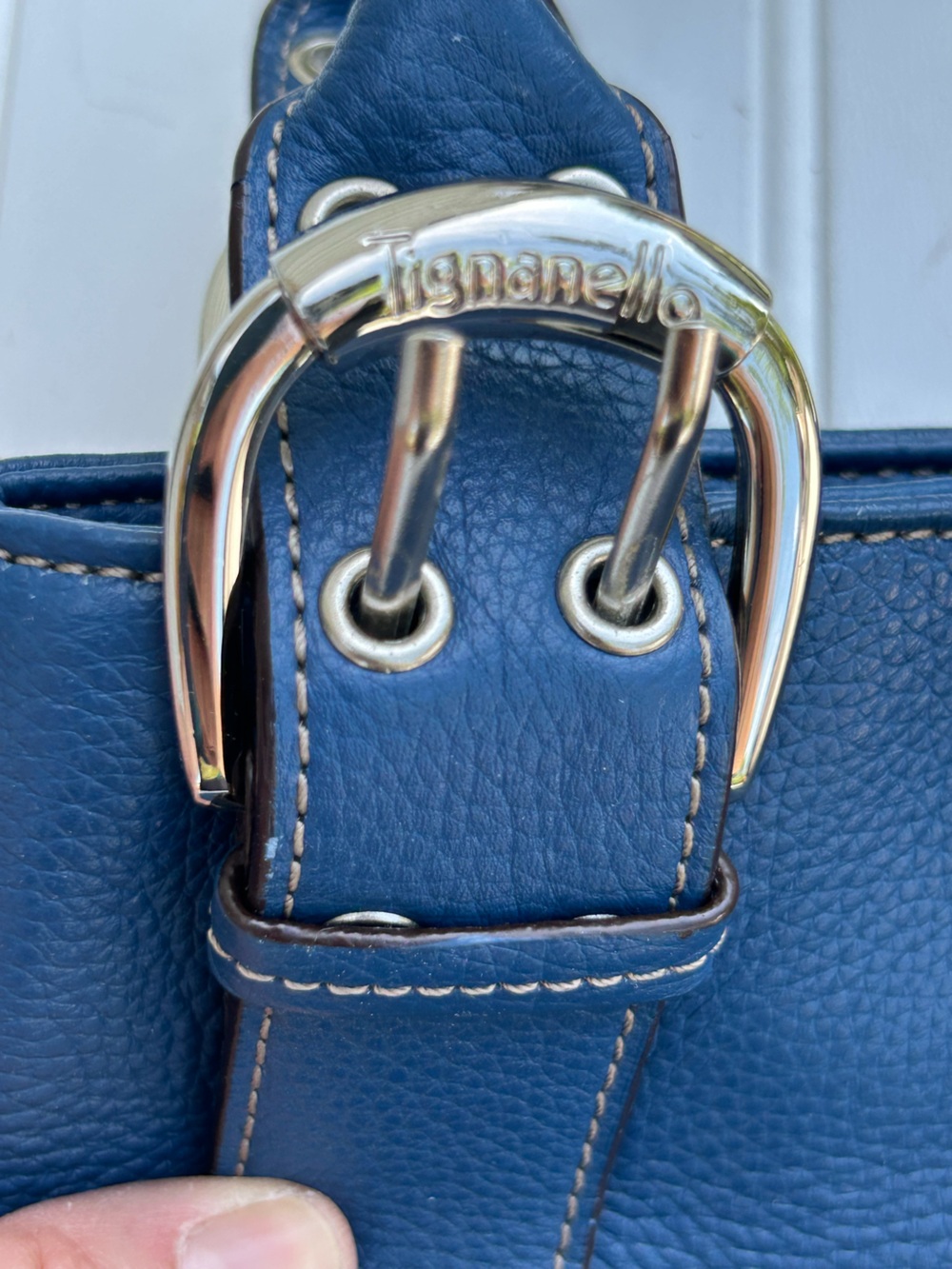 Tignanello Purse Blue Leather Pebbled Top-Handle Women’s Handbag Satchel Silver - Picture 2 of 8